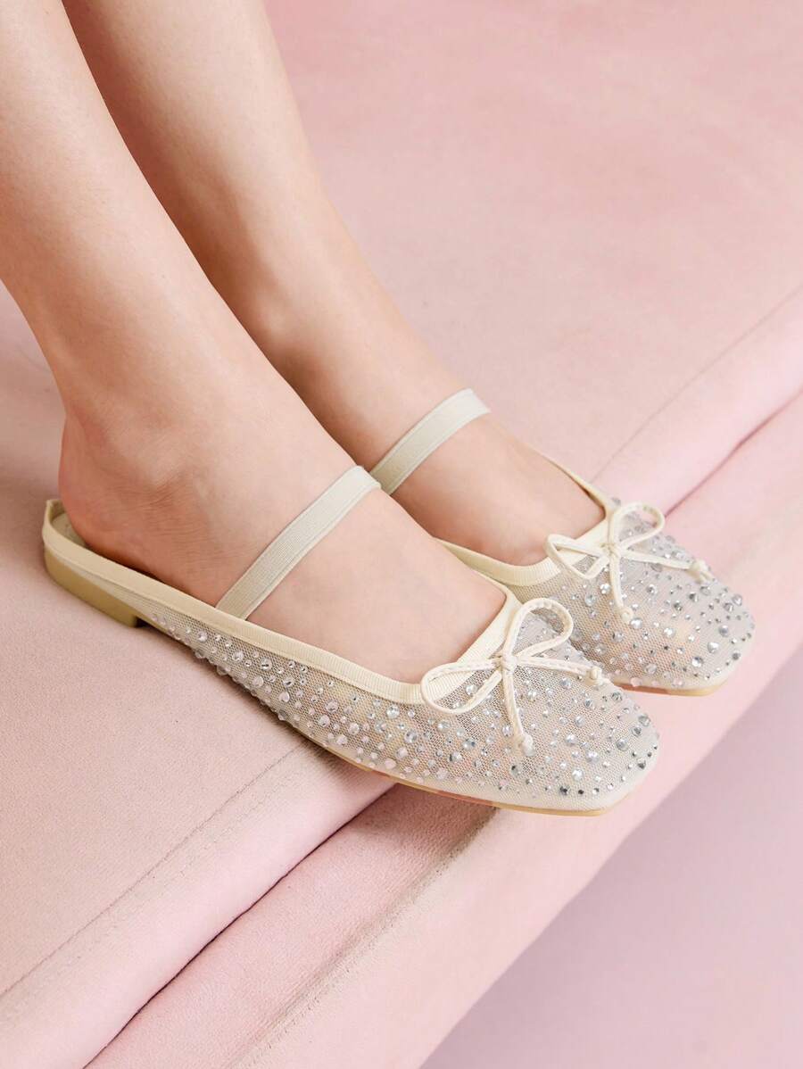 CUCCOO DOLLMOD Fashionable Women's Fully Rhinestone Mesh Bow Mary Jane Ballet Flats, Elegant Comfortable Cute Slip-On Loafers - Beige - View 1