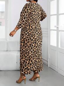 SHEIN Lady 春夏休闲优雅豹纹波西米亚风白色长款开衫衬衫阔腿裤大码西装 - 卡其色 - 查看 3