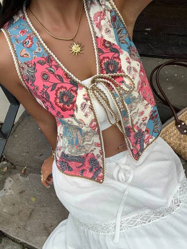 Sunnyshic Multicolor Bohemian Retro Printed Retro European And American Style Lace-Up Front Patchwork Woven Band V-Neck Jacket