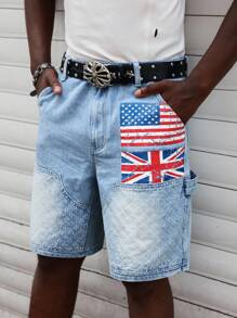 ROMWE MEN Street Life Shorts vaqueros casuales de verano para hombres con estampado de bandera nacional lavada - Azul - Ver 6