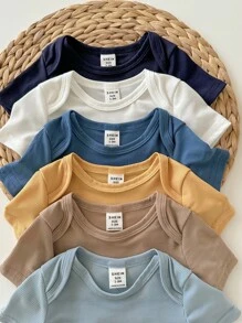 6件/套新生儿男女宝宝纯色短袖连体衣，轻薄透气，适合春夏穿着，基础款连体衣多件装，可内搭或外穿