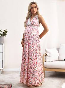 SHEIN 孕妇时尚花卉蕾丝边无袖连衣裙