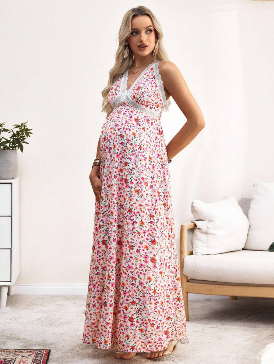 SHEIN 孕妇时尚花卉蕾丝边无袖连衣裙