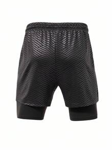 Manfinity Sport Corelite 男士夏季休闲手机口袋抽绳腰运动短裤二合一短裤交叉短裤跑步短裤健身短裤 - 黑色 - 查看 5