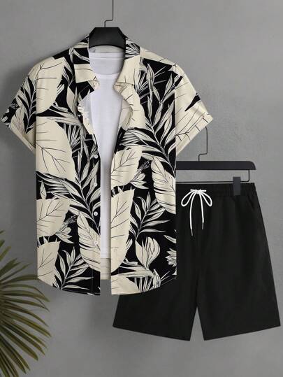 Manfinity KASUA Conjunto de playa para hombre con camisa y shorts con estampado de plantas