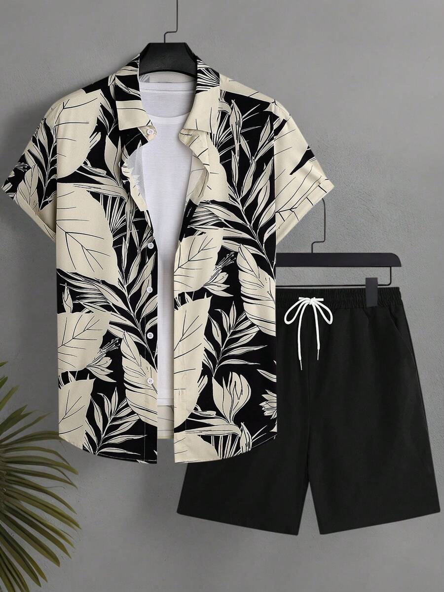 Manfinity KASUA Men's Botanical Print Shirt & Shorts Beach Outfit Men 2 Piece Set Tropical Men Beach Outfit Set Men Hawaii Outfit