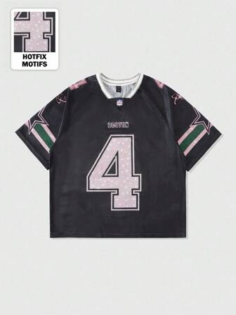 ROMWE Avant قميص رياضي شبكي ذو رقم مرصع بالماس للرجال، قميص رياضي رسمي، لرقص الريف