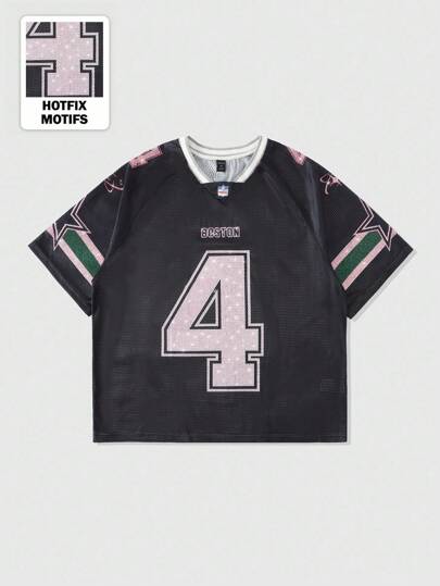 ROMWE Avant Camiseta deportiva de malla con parches y número brillante de diamantes para hombre, jersey atlético, para fiesta