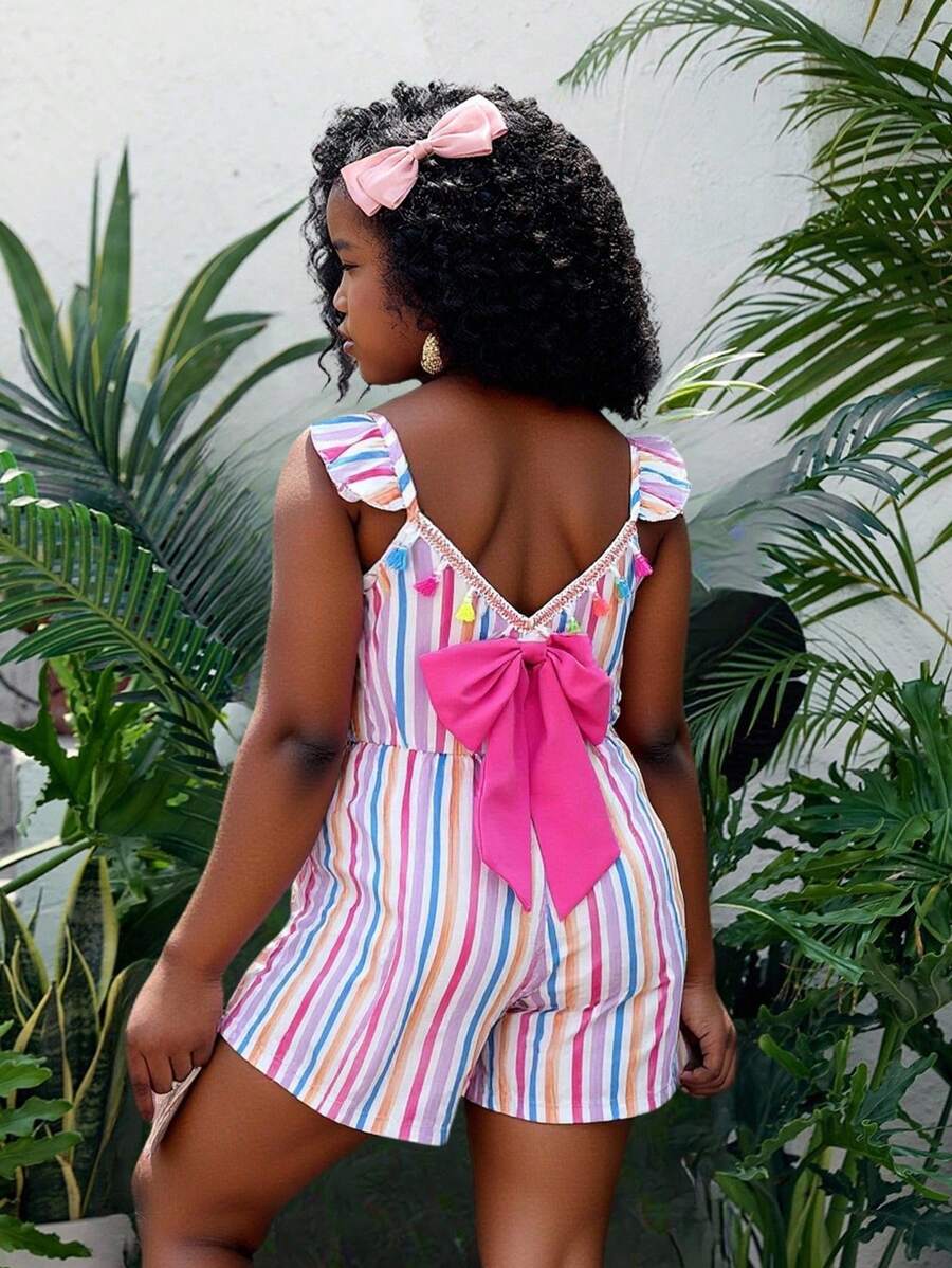 Sparklyn 女童荷叶边袖可爱蝴蝶结休闲连体裤，夏季