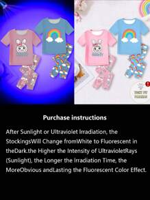 4pcs Baby Girl Cute Rainbow Print Elastic Knit Pajamas Set,Blue And Pink,Summer Short Sleeve Shirt And Pants,Soft Comfortable Snug Fit Night Outfit - White - View 4
