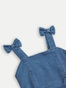 SHEIN Elladie kids 女童休闲可爱时尚无弹力牛仔荷叶边吊带连衣裙，无袖轻盈夏季 - 中等水洗藍 - 查看 4