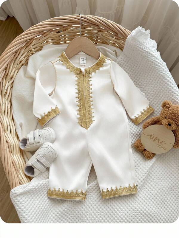 Traditional Woven Fabric Round Neck Long Sleeve Jumpsuit With Pants, Versatile Casual For Baby Boys And Girls