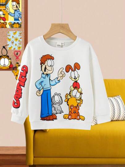 GARFIELD | SHEIN 少女可爱卡通狗图案休闲圆领长袖套头衫，秋冬