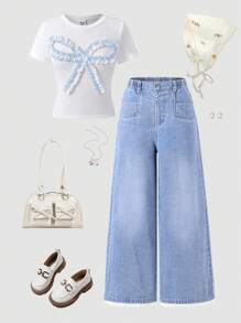 Tween Girl 水洗蓝阔腿牛仔裤，休闲时尚的学院风，推荐日常穿着 - 淺色水洗藍 - 查看 3