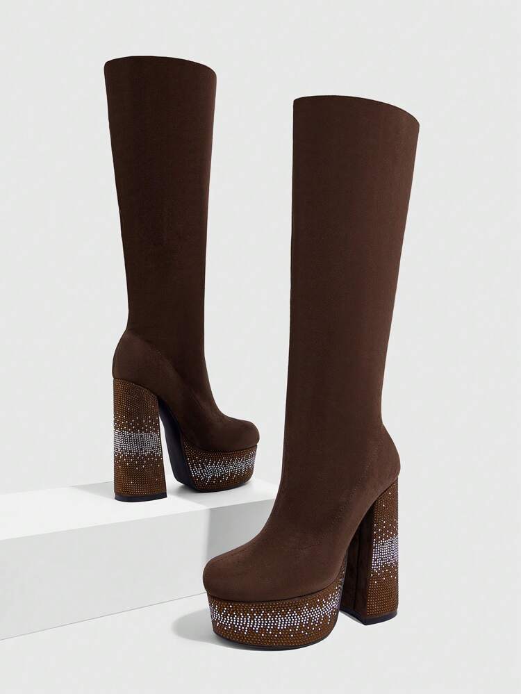 CUCCOO SZL Women's Square Toe Thick High Heel Rhinestone Ombre Suede Coffee Color Elastic Fashionable Minimalist Knee High Boots, Women Zipper Boots