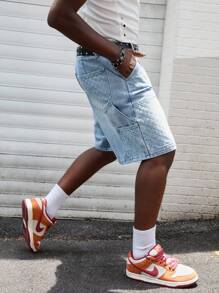 ROMWE MEN Street Life Shorts vaqueros casuales de verano para hombres con estampado de bandera nacional lavada - Azul - Ver 5