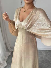 Elenzga 全新褶皱蝙蝠袖露背前开衩简约奢华设计优雅女士晚礼服 - 金色 - 查看 3