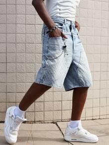 ROMWE MEN Street Life 男士休闲水洗牛仔双层腰带短裤