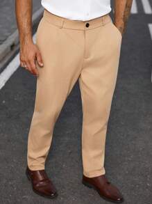 Manfinity Mode Pantalones casuales rectos y holgados de unicolor con bolsillo parche para hombres de talla grande - Caqui - Ver 5