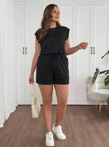 Vionelle Plus Size Women Casual Solid Color Elastic Knitted Sleeveless Jumpsuit, Suitable For Daily, Holiday - Black - View 4