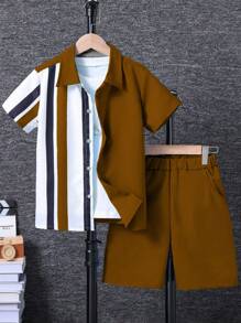 SHEIN Vacaura 2件套青少年男孩夏季休闲撞色纽扣前襟衬衫和短裤套装