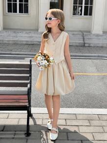 SHEIN Tween Girls Solid Apricot Beige Puffy Hem Suit Vest 2 In 1 Sleeveless Dress, Back To School, Formal Dresses, Summer Dress, Girls School Dress, School Clothes For Girls, Teen Girl Clothes For School, Girls School Clothes, Girls Back To School Outfits, Mommy And Daughter Outfits - Khaki - View 6