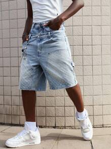 ROMWE MEN Street Life 男士休闲水洗牛仔双层腰带短裤