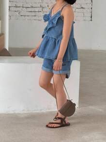 2pcs/Set Young Girl' New Light Blue Fashion Spaghetti Strap Tank Top And Ruffle Hem Shorts Set, Cute Kids Summer Outfit - Medium Wash - View 6