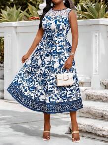 SHEIN Lady  Plus Size Elegant Floral Full Print Batwing Sleeve Dress,Beach Dress Sundress,Holiday Outfits Boho - Blue - View 3