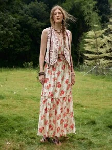 Florisole 女士夏季波西米亚浪漫印花宽松无袖高腰度假连衣裙 - 粉色 - 查看 1