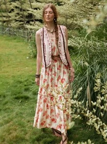 Florisole 女士夏季波西米亚浪漫印花宽松无袖高腰度假连衣裙 - 粉色 - 查看 6