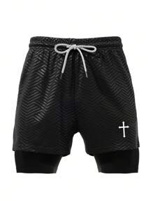 Manfinity Sport Corelite 男士夏季休闲手机口袋抽绳腰运动短裤二合一短裤交叉短裤跑步短裤健身短裤 - 黑色 - 查看 4