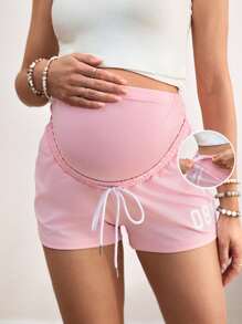 SHEIN Casual Loose Contrast Trim Digital Print Maternity Shorts - Pink - View 1