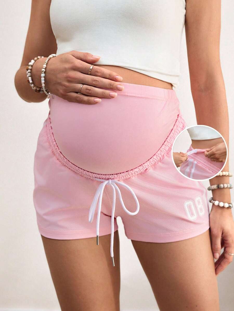 SHEIN Casual Loose Contrast Trim Digital Print Maternity Shorts - Pink - View 1