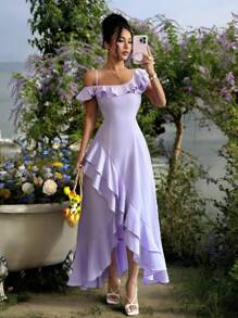 Selianne 全新女式纯色不对称肩带荷叶边下摆不对称背部设计休闲百搭优雅连衣裙