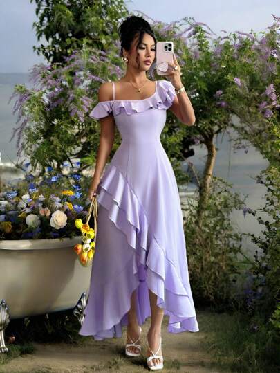 Selianne 全新女式纯色不对称肩带荷叶边下摆不对称背部设计休闲百搭优雅连衣裙