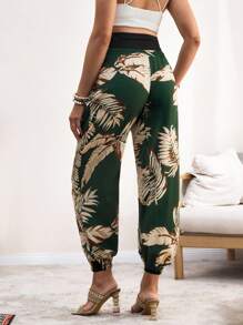 SHEIN Maternity Tropical Plant Print Adjustable Waistband Harem Pants, For Vacation - Green - View 2