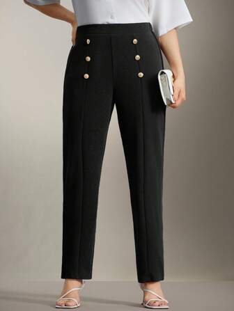 Flouryn Plus Size Straight Leg Pants With Double Metal Decorative Buttons, Elegant For Commuting And Outdoor Events Fall Cloth For Women