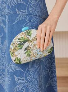 MOTF PREMIUM Bolso de mano estilo vacaciones de mujer con estampado floral tejido - Celeste - Ver 6