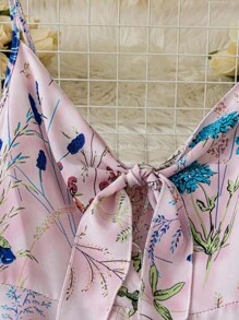 SHEIN Holidaya 女式优雅休闲系腰细肩带长款印花连衣裙 - 粉色 - 查看 3