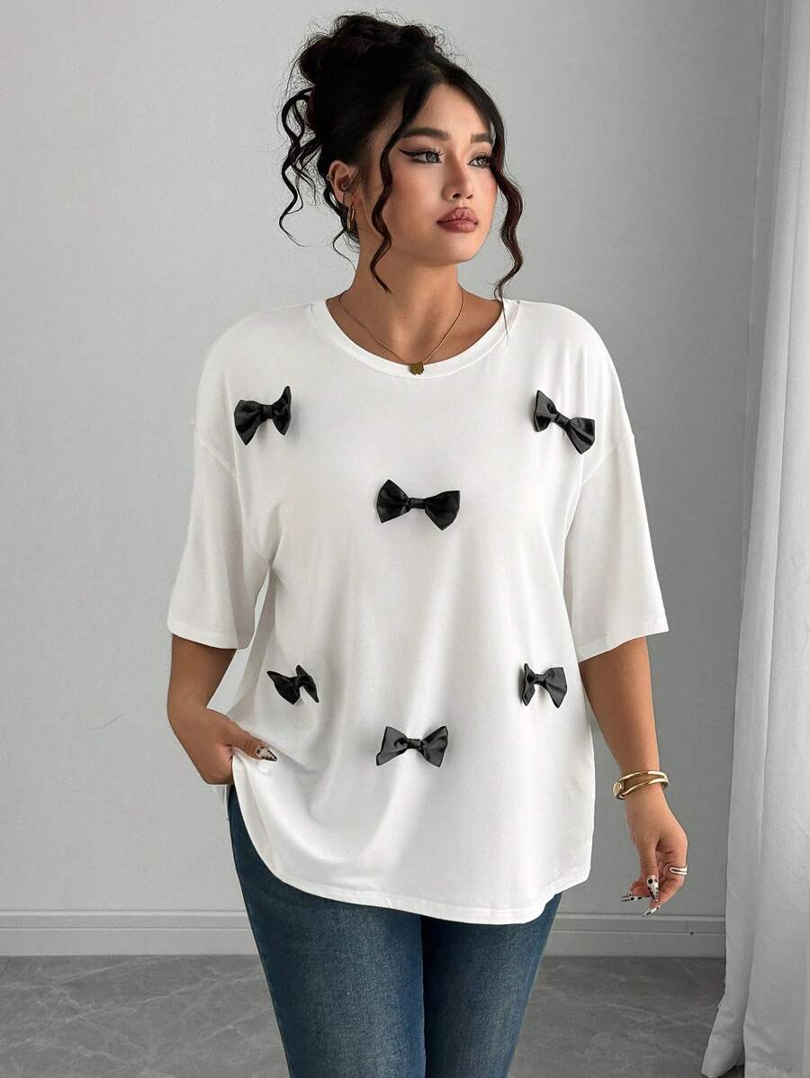 Elenzga Plus Size Women's Frenchy 3D Bow Detail T-Shirt - Black - View 1