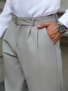 Calvornis 男士商务西装裤可调节腰带扣 - 灰色 - 查看 4
