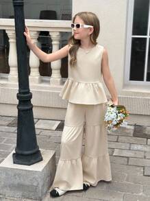 SHEIN 青少年女孩荷叶边下摆后系带蝴蝶结圆领无袖上衣和阔腿裤两件套，夏季休闲纯色 Kakki 色背心和裤子两件套