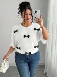 Elenzga Plus Size Women's Frenchy 3D Bow Detail T-Shirt - Black - View 5