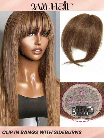 French Bangs Human Hair Air Bangs With Sideburns Brown Color Bangs Clip In Hair Extensions Beginner Friendly
