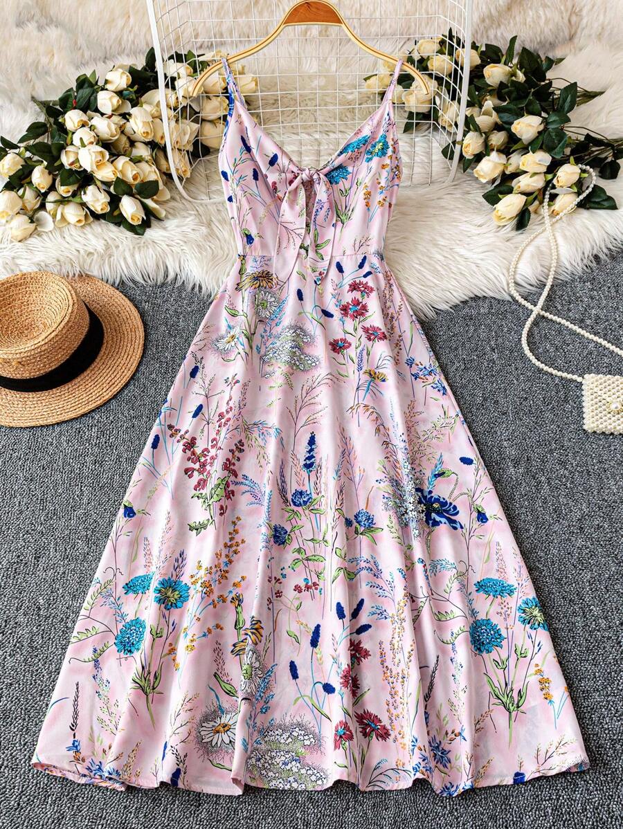 SHEIN Holidaya 女式优雅休闲系腰细肩带长款印花连衣裙 - 粉色 - 查看 1