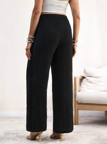 SHEIN 纯色长款系带下摆休闲孕妇裤 - 黑色 - 查看 2