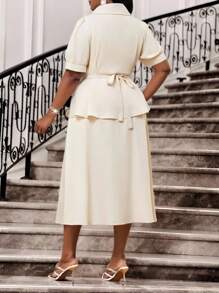 SHEIN Lady Spring And Summer Elegant Commuting Office Woven Lapel Ball Gown Bishop Sleeve Gold Button Midi Short Sleeve Plus Size Co-Ords - Beige - View 2