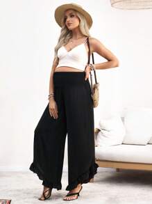 SHEIN Pantalon de femme enceinte taille haute patte d'éléphant avec volant à l'ourlet - Noir - Voir 6