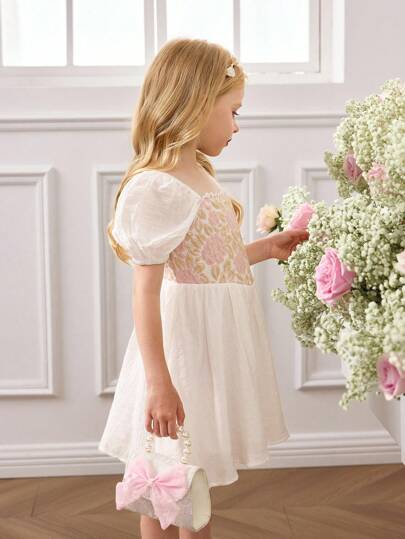 Cute White Floral Polyester Young Girls Dress With Square Neck And Puff Sleeves. Perfect Flared Princess Party Dress For Kids.